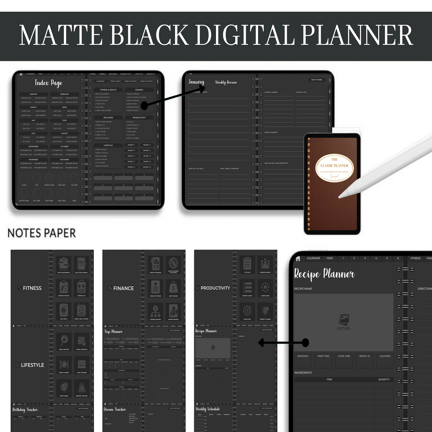 Matte Black Digital Planner, Goodnotes Planner, iPad Planner, Notability Planner, Dated Digital Planner, 2024 2025 Undated Planner 🖤✨