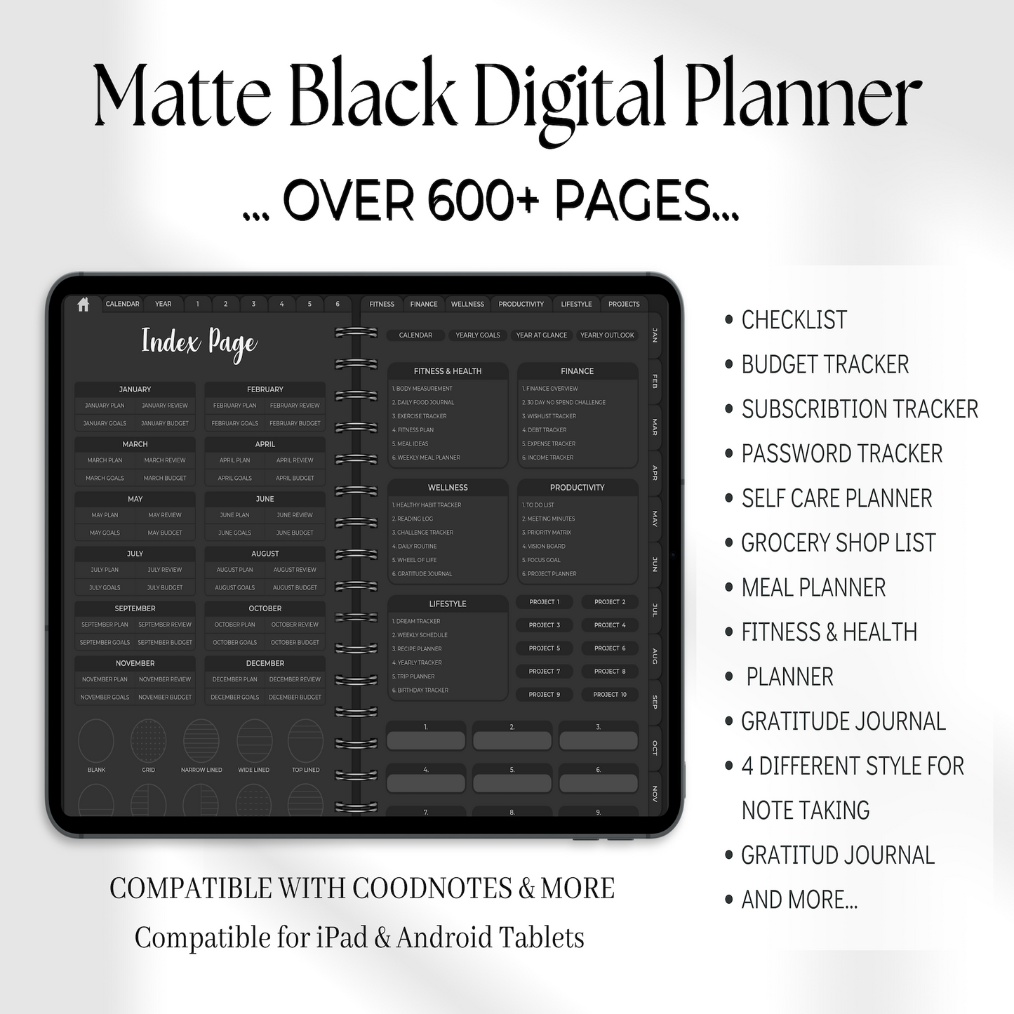 Matte Black Digital Planner, Goodnotes Planner, iPad Planner, Notability Planner, Dated Digital Planner, 2024 2025 Undated Planner 🖤✨